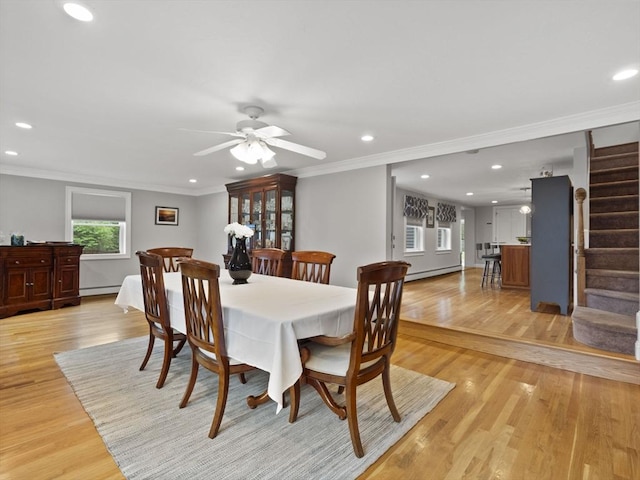886 Methuen St, Dracut, MA 01826 - dining space featuring stairs, light wood finished floors, ornamental molding, recessed lighting, and ceiling fan