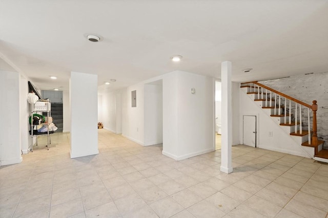 23 Gordon St, Boston, MA 02134 - unfurnished living room featuring stairway, electric panel, recessed lighting, and baseboards