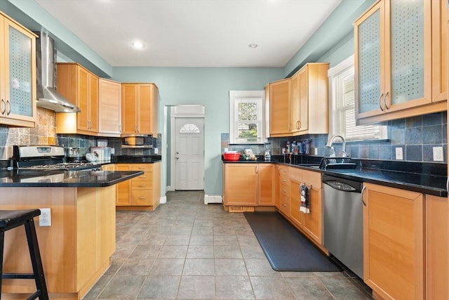23 Gordon St, Boston, MA 02134 - kitchen with stainless steel appliances, wall chimney exhaust hood, light brown cabinets, a sink, and recessed lighting
