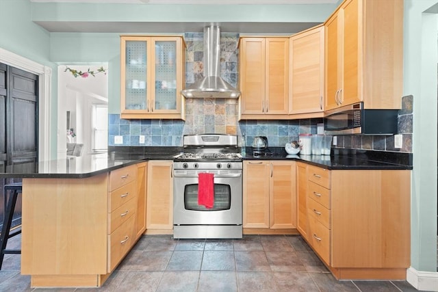 23 Gordon St, Boston, MA 02134 - kitchen with light brown cabinets, appliances with stainless steel finishes, and wall chimney exhaust hood
