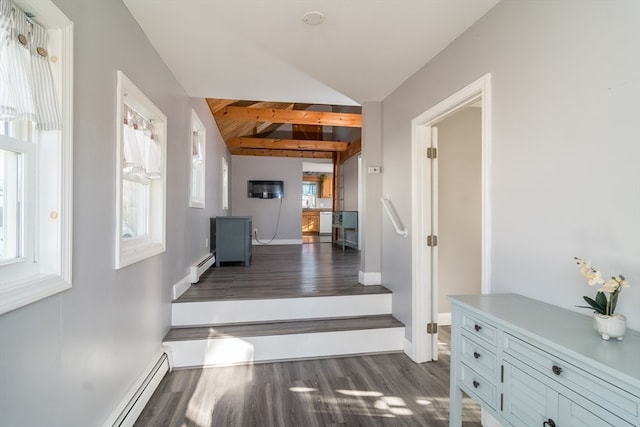 hallway with vaulted ceiling with beams, dark wood-type flooring, and a baseboard radiator