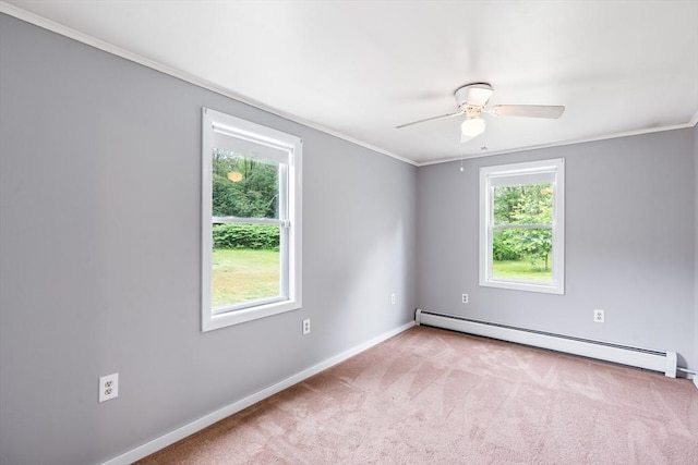 24 Horton Rd, Orange, MA 01364 - carpeted spare room with a baseboard heating unit, a ceiling fan, and crown molding
