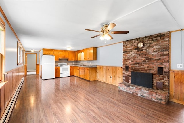 24 Horton Rd, Orange, MA 01364 - kitchen with white appliances, baseboard heating, ceiling fan, wood finished floors, and under cabinet range hood