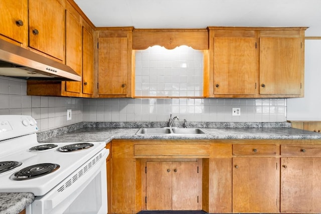 24 Horton Rd, Orange, MA 01364 - kitchen featuring white electric range oven, ventilation hood, backsplash, and brown cabinetry