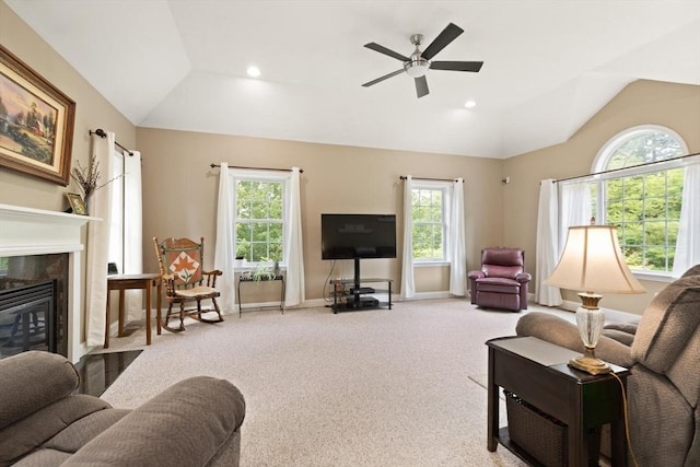 1 Windsor Rd, Shirley, MA 01464 - living area with vaulted ceiling, ceiling fan, carpet floors, a fireplace, and recessed lighting