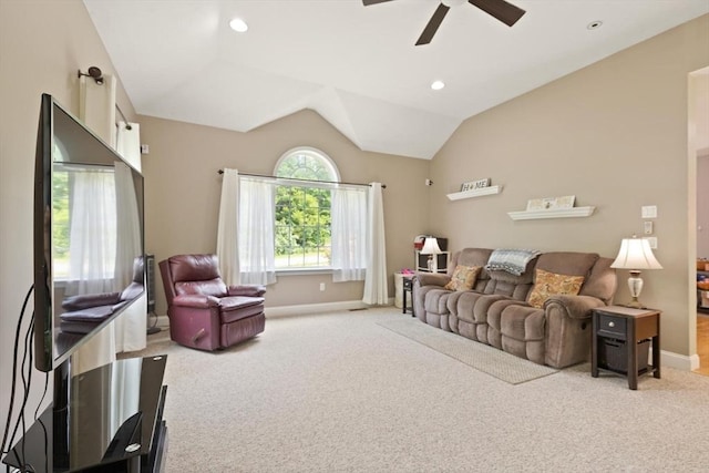 1 Windsor Rd, Shirley, MA 01464 - living room featuring carpet flooring, ceiling fan, vaulted ceiling, and recessed lighting