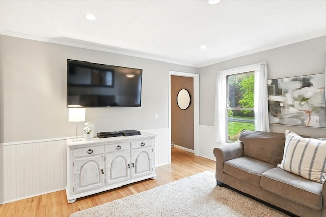 3 Pine Knl, Southwick, MA 01077 - living area featuring a wainscoted wall, ornamental molding, light wood-style floors, and recessed lighting