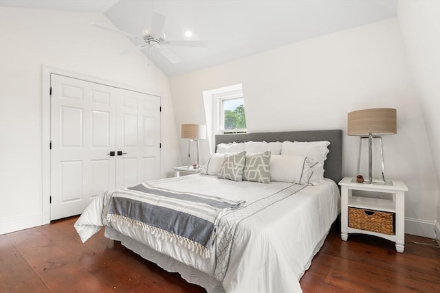 6 Parker Ave, Cohasset, MA 02025 - bedroom with wood finished floors, lofted ceiling, a closet, baseboards, and ceiling fan