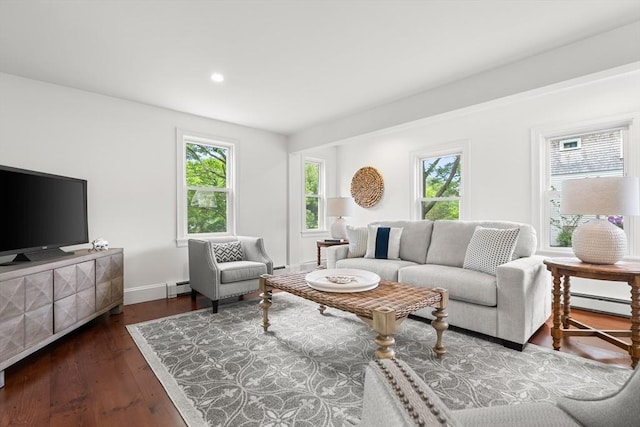 6 Parker Ave, Cohasset, MA 02025 - living room with a baseboard radiator, dark wood-style flooring, recessed lighting, and baseboards