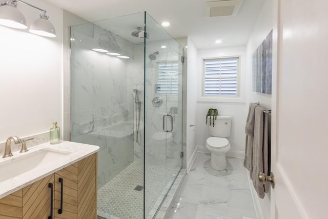 247 Pitman St, Fall River, MA 02723 - full bathroom featuring a marble finish shower, toilet, marble finish floors, vanity, and recessed lighting