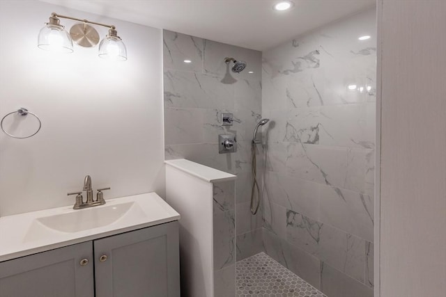 247 Pitman St, Fall River, MA 02723 - full bathroom featuring tiled shower, recessed lighting, and vanity