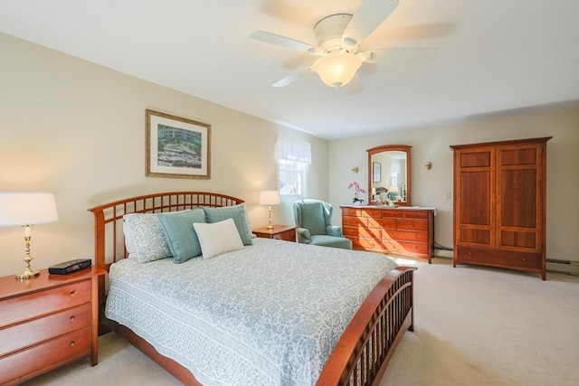 bedroom featuring light colored carpet, ceiling fan, and baseboard heating