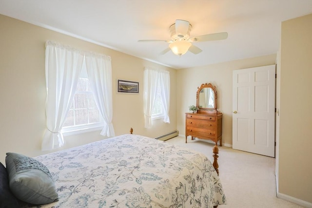bedroom featuring baseboards, a ceiling fan, baseboard heating, and light carpet