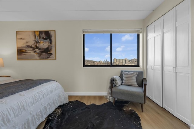 bedroom featuring light hardwood / wood-style flooring and a closet