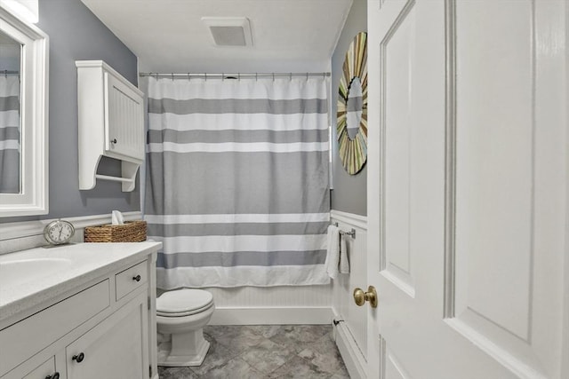 full bath featuring visible vents, toilet, and vanity