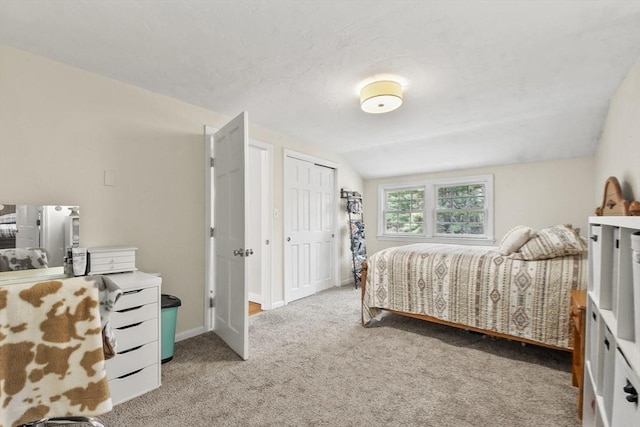 bedroom with baseboards, carpet floors, vaulted ceiling, and a closet