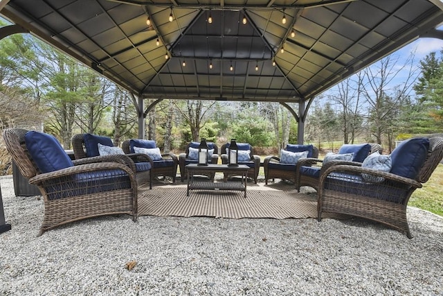 view of patio featuring a gazebo and an outdoor hangout area