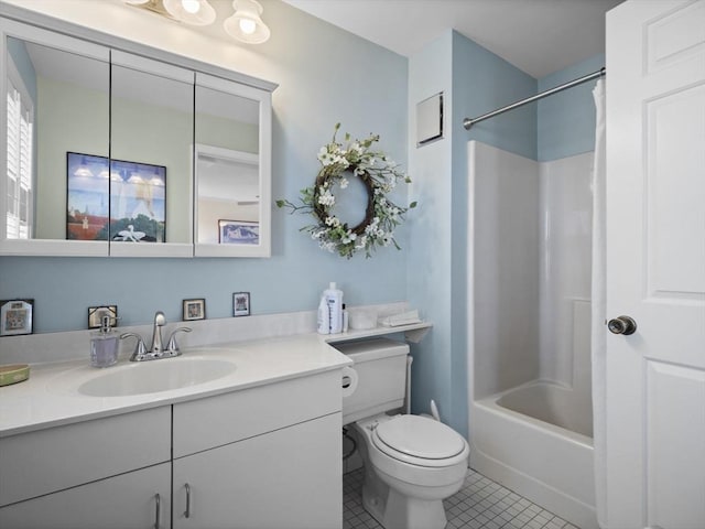 bathroom featuring shower / bathtub combination with curtain, toilet, vanity, and tile patterned flooring