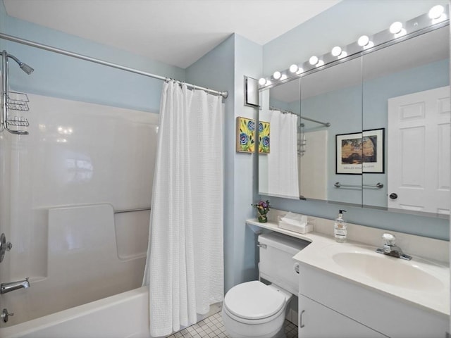 bathroom featuring tile patterned flooring, toilet, vanity, and shower / bathtub combination with curtain