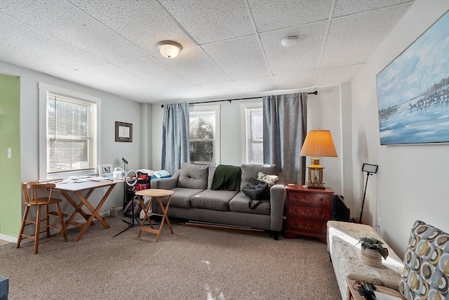 carpeted living room featuring a paneled ceiling