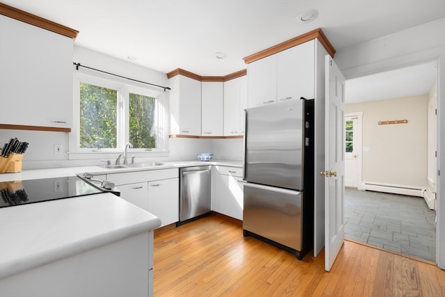 kitchen featuring light hardwood / wood-style flooring, white cabinetry, and appliances with stainless steel finishes