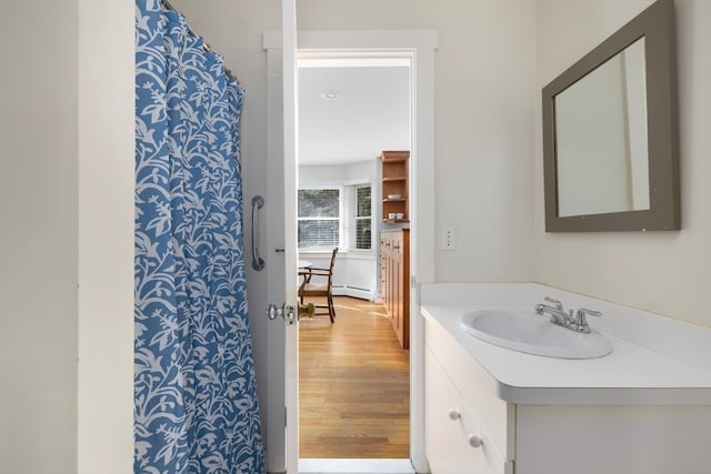 bathroom featuring wood-type flooring, vanity, and baseboard heating