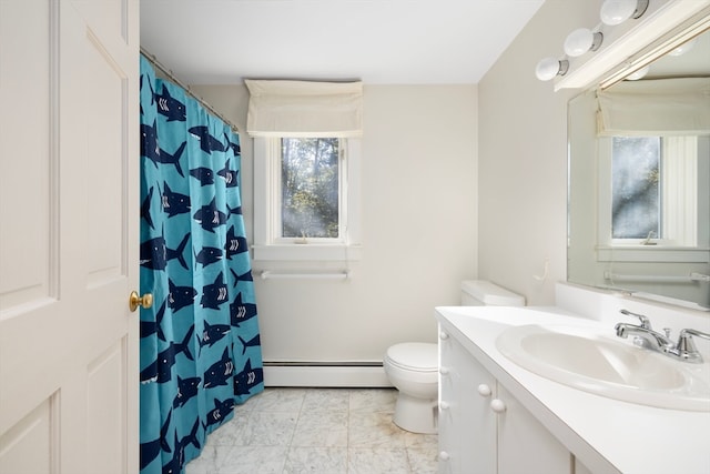 bathroom with baseboard heating, curtained shower, vanity, and toilet