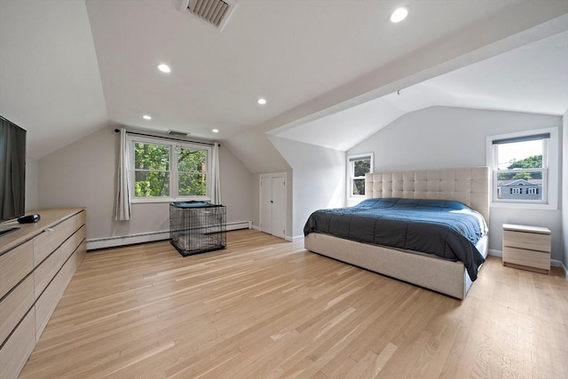 7 Helen Rd, Braintree, MA 02184 - bedroom featuring baseboard heating, lofted ceiling, light wood finished floors, multiple windows, and recessed lighting