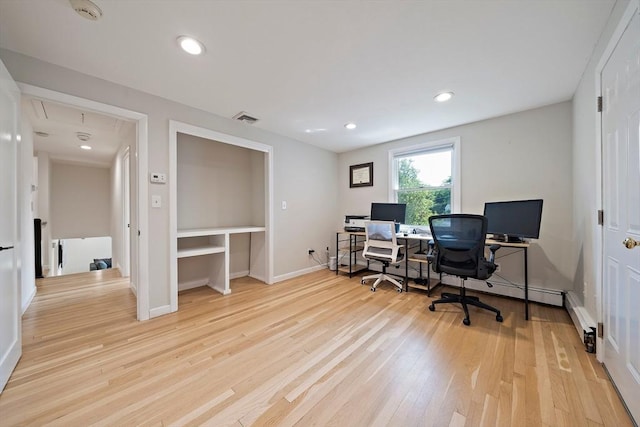 7 Helen Rd, Braintree, MA 02184 - office with light wood-style floors, recessed lighting, a baseboard heating unit, and attic access