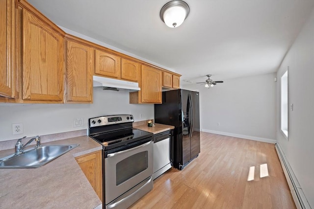 7 Helen Rd, Braintree, MA 02184 - kitchen with appliances with stainless steel finishes, baseboard heating, under cabinet range hood, and light countertops
