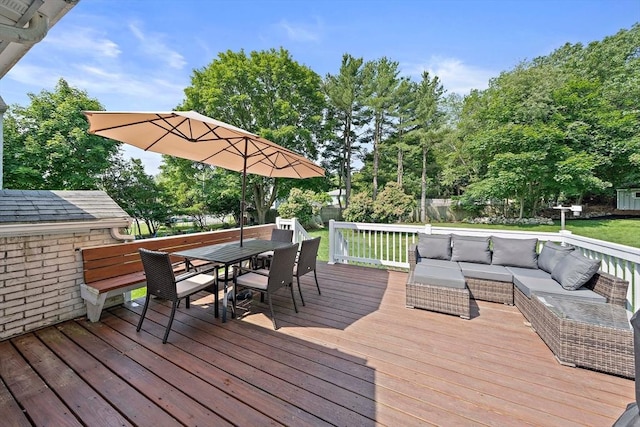 7 Helen Rd, Braintree, MA 02184 - wooden deck featuring an outdoor hangout area, outdoor dining area, and view of scattered trees