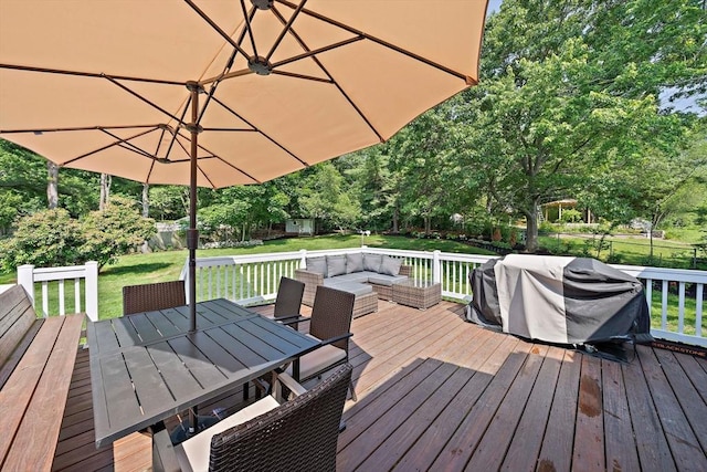 7 Helen Rd, Braintree, MA 02184 - wooden deck featuring an outdoor hangout area, outdoor dining area, a lawn, view of wooded area, and area for grilling