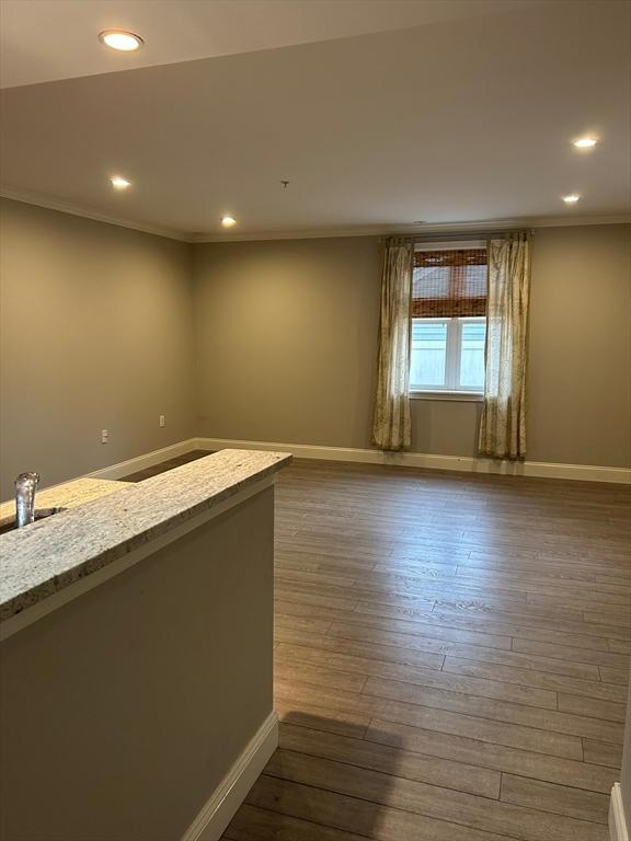 empty room featuring crown molding, dark wood-type flooring, and sink