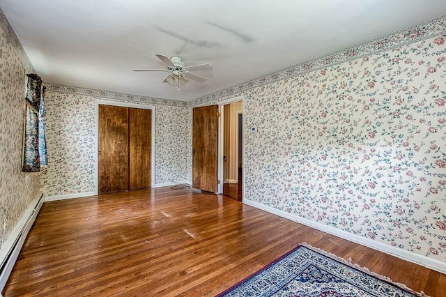 16 Miriam Dr, Attleboro, MA 02703 - unfurnished room with wallpapered walls, a baseboard heating unit, wood finished floors, ceiling fan, and baseboards