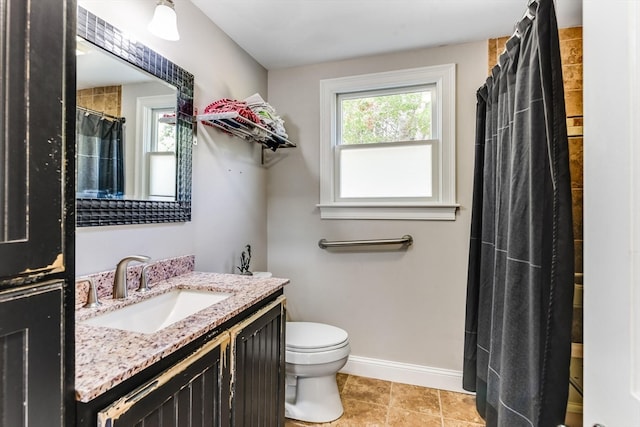 bathroom with tile patterned flooring, walk in shower, vanity, and toilet