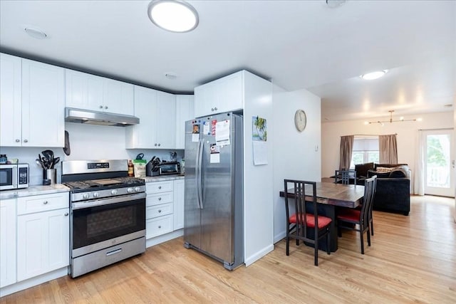 66 Hamilton St Unit 3, Leominster, MA 01453 - kitchen featuring stainless steel appliances, under cabinet range hood, light wood-type flooring, white cabinetry, and light countertops