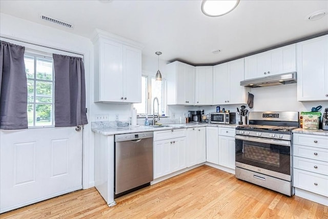 66 Hamilton St Unit 3, Leominster, MA 01453 - kitchen with appliances with stainless steel finishes, under cabinet range hood, a sink, light wood-type flooring, and white cabinetry