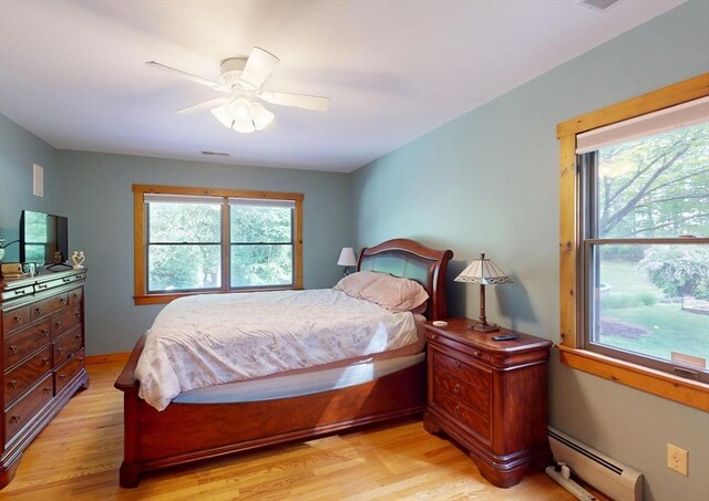 131 Sandgully Rd N, Deerfield, MA 01373 - bedroom with baseboard heating, multiple windows, light wood-style flooring, and a ceiling fan