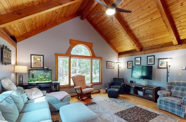 131 Sandgully Rd N, Deerfield, MA 01373 - living area featuring wood ceiling with exposed beams, wood finished floors, a ceiling fan, high vaulted ceiling, and baseboard heating