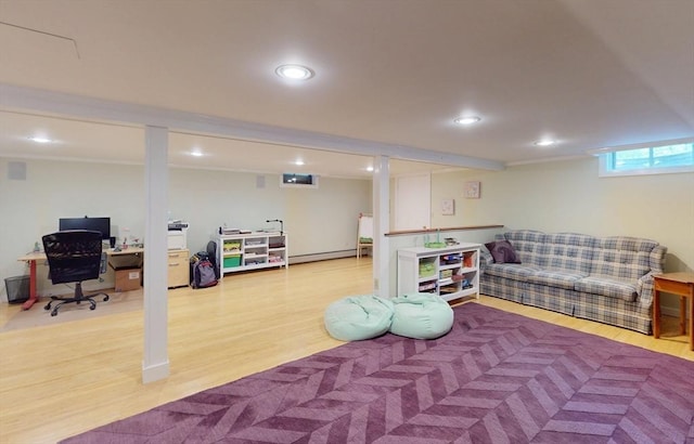 131 Sandgully Rd N, Deerfield, MA 01373 - playroom with wood finished floors, baseboard heating, an office area, and recessed lighting