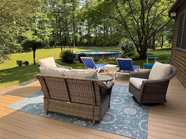131 Sandgully Rd N, Deerfield, MA 01373 - deck featuring an outdoor pool, an outdoor hangout area, a yard, and view of scattered trees