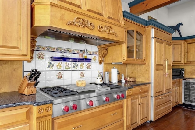 78 Daniels St, Franklin, MA 02038 - kitchen featuring wine cooler, stainless steel gas stovetop, custom range hood, paneled refrigerator, and backsplash