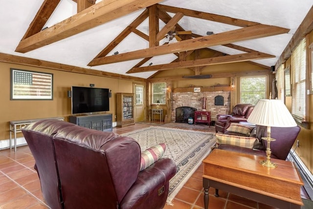 78 Daniels St, Franklin, MA 02038 - tiled living room featuring a baseboard radiator, baseboards, and a fireplace