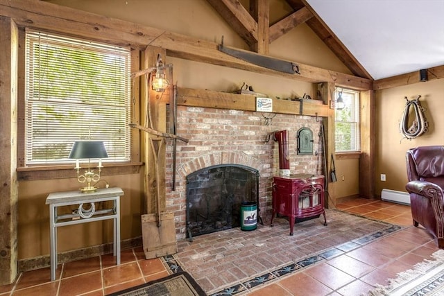 78 Daniels St, Franklin, MA 02038 - tiled living area with a baseboard radiator, a brick fireplace, and baseboards