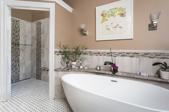 78 Daniels St, Franklin, MA 02038 - full bath featuring a walk in shower, a freestanding bath, and tile walls