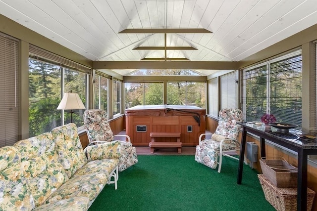 78 Daniels St, Franklin, MA 02038 - sunroom featuring a hot tub, a ceiling fan, lofted ceiling, and plenty of natural light