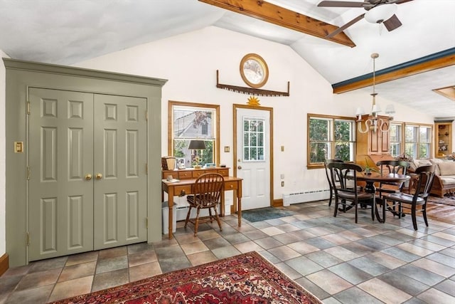 78 Daniels St, Franklin, MA 02038 - dining space featuring lofted ceiling, a baseboard radiator, baseboards, ceiling fan, and a chandelier