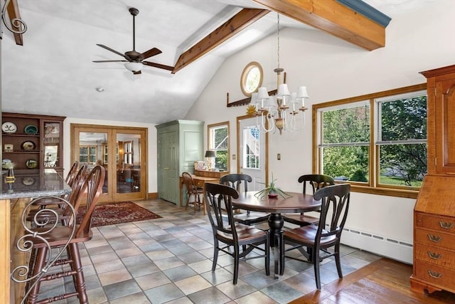 78 Daniels St, Franklin, MA 02038 - dining area with baseboard heating, french doors, beamed ceiling, ceiling fan, and a chandelier