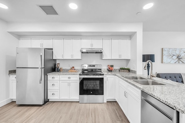 kitchen featuring light wood-type flooring, sink, white cabinetry, stainless steel appliances, and light stone countertops