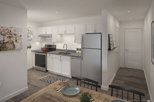 kitchen with white cabinetry, hardwood / wood-style floors, sink, and stainless steel appliances